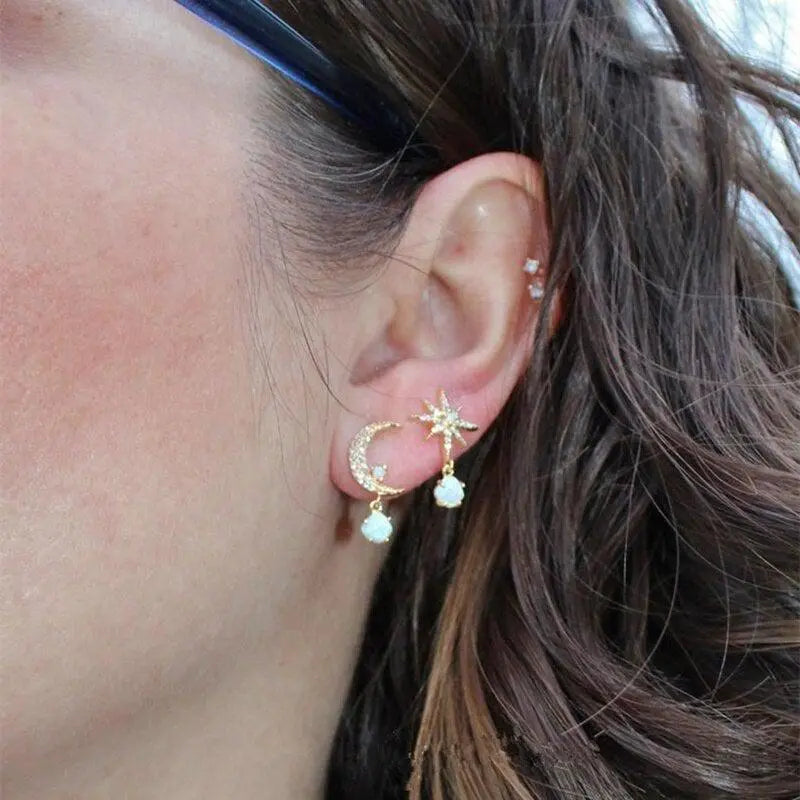 Gold Opal Moon Earrings