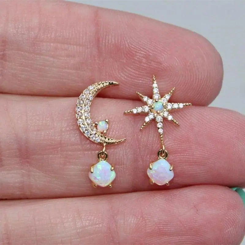 Gold Opal Moon Earrings
