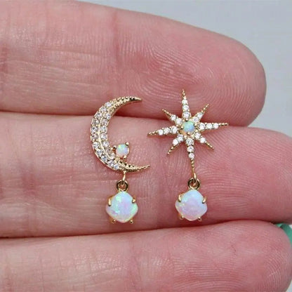 Gold Opal Moon Earrings