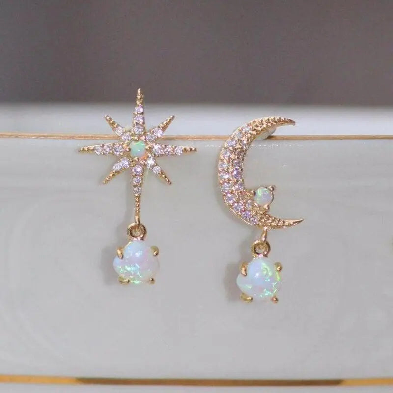 Gold Opal Moon Earrings