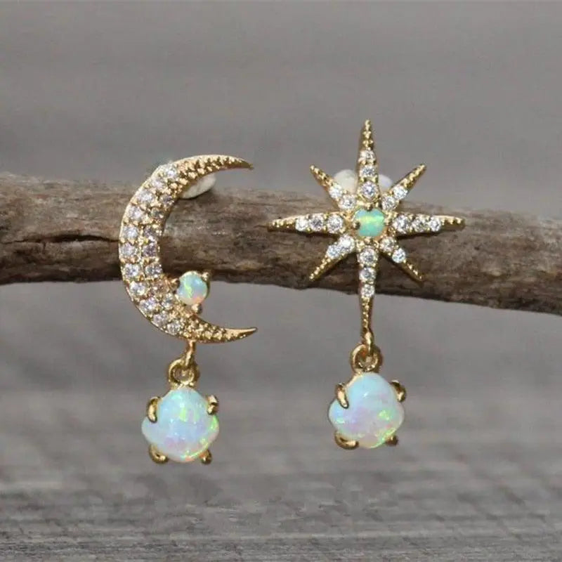 Gold Opal Moon Earrings