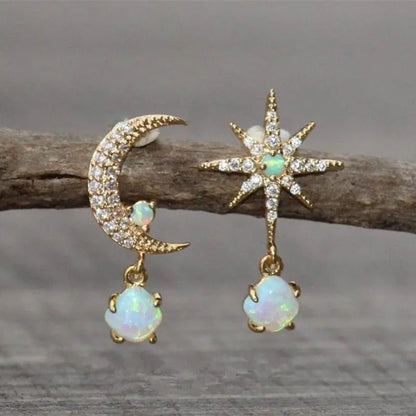 Gold Opal Moon Earrings